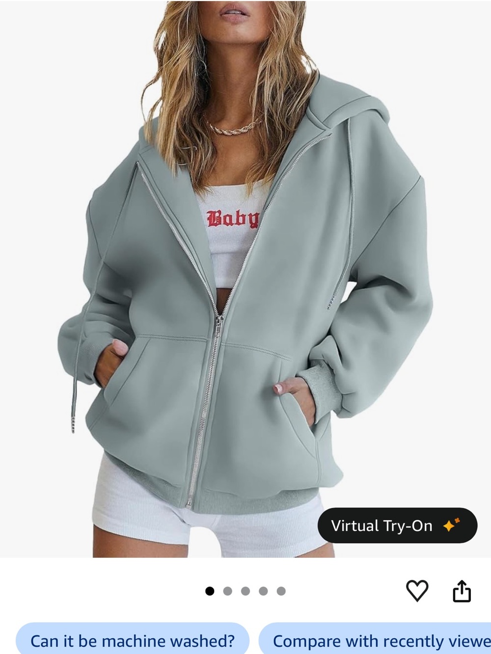 Light blue Oversized Zip Hoodie - Women's Casual Hooded Jacket